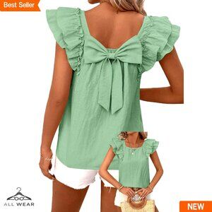 Ruffle Sleeve Bow Back Blouse Chiffon Babydoll Tunic Summer Chic Top